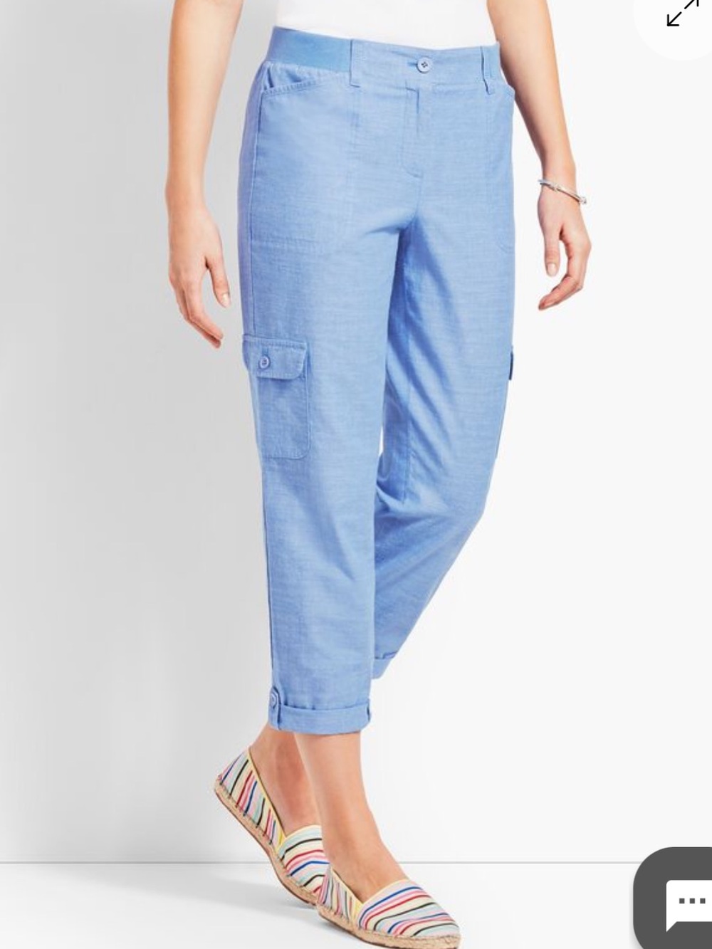 Talbots Chambray Cargo Poplin Cropped Pants Cotton High Rise Roll Tab Sz 8
